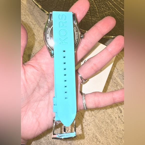 Michael Kors Janelle Watch Silver MK Logo Dial Aqua Blue Sili… NIB - Picture 10 of 13